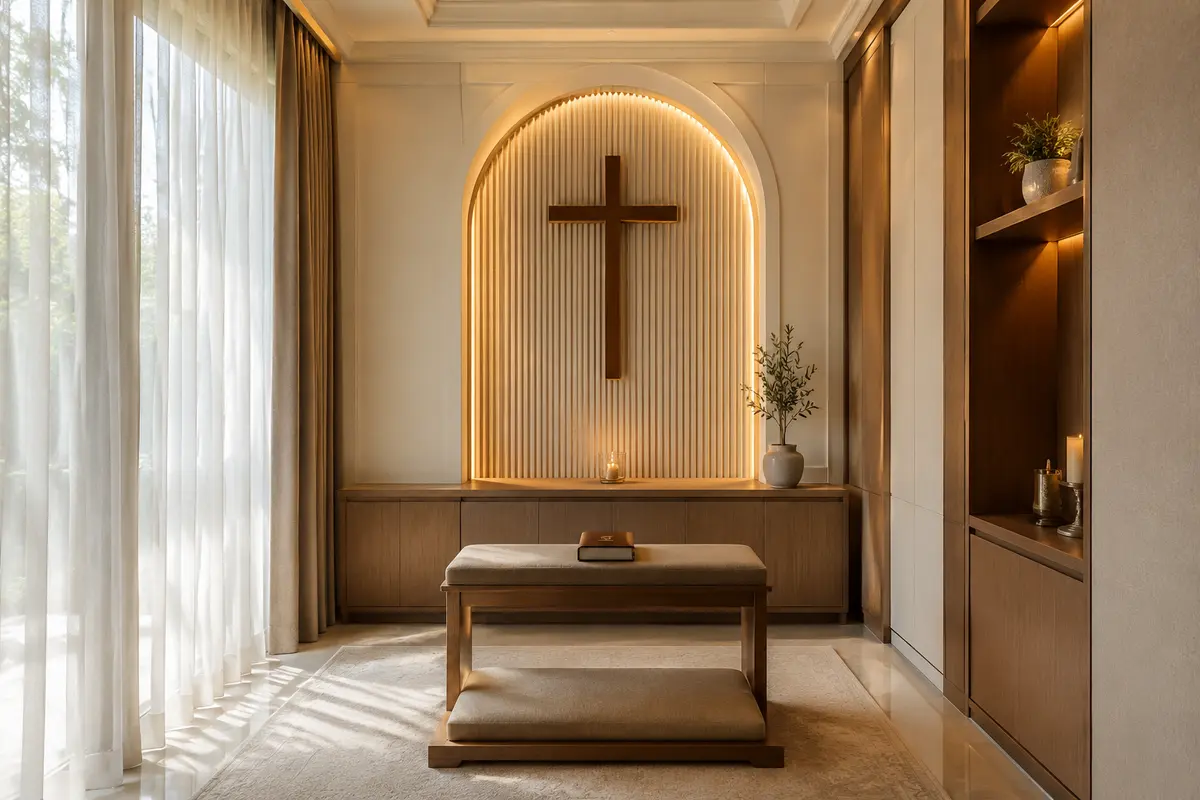 Christian Prayer Space · Contemporary Pooja / Prayer Room interior design model by SRM Design Studio