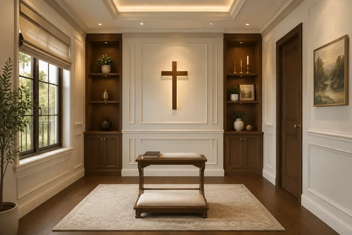 Christian Prayer Space · English Classic Pooja / Prayer Room interior design model by SRM Design Studio