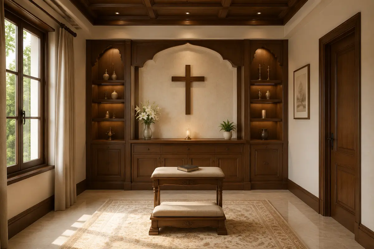 Christian Prayer Space · Indian Classic Pooja / Prayer Room interior design model by SRM Design Studio