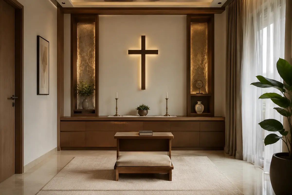 Christian Prayer Space · Minimalistic Pooja / Prayer Room interior design model by SRM Design Studio
