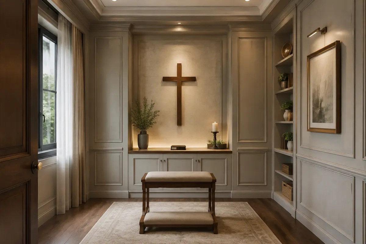 Christian Prayer Space · Modern Classic Pooja / Prayer Room interior design model by SRM Design Studio