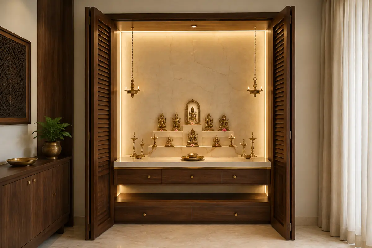 Hindu Pooja Room · Contemporary Pooja / Prayer Room interior design model by SRM Design Studio