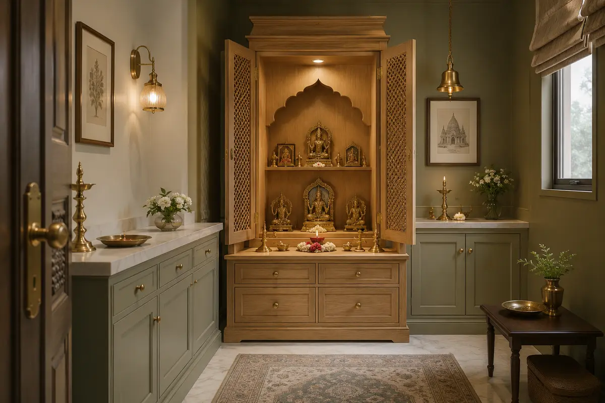 Hindu Pooja Room · English Classic Pooja / Prayer Room interior design model by SRM Design Studio