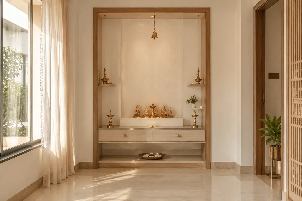 Hindu Pooja Room · Minimalistic Pooja / Prayer Room interior design model by SRM Design Studio