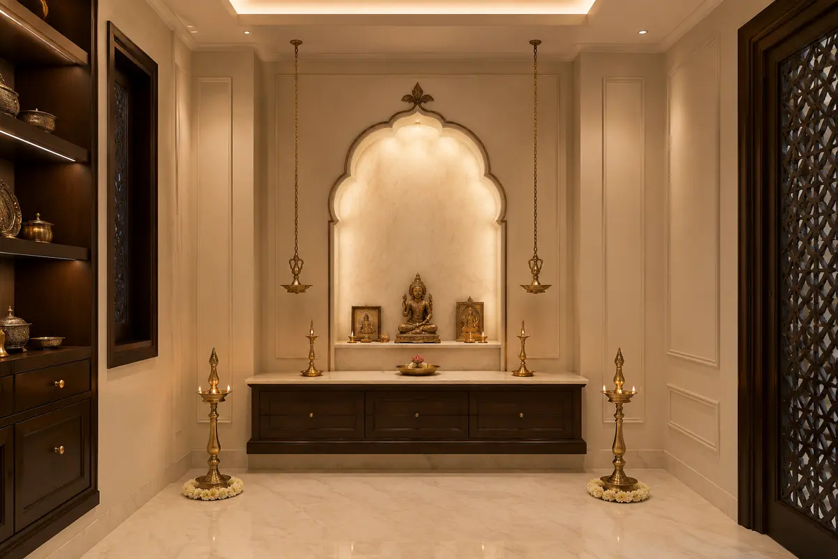 Hindu Pooja Room · Modern Classic Pooja / Prayer Room interior design model by SRM Design Studio