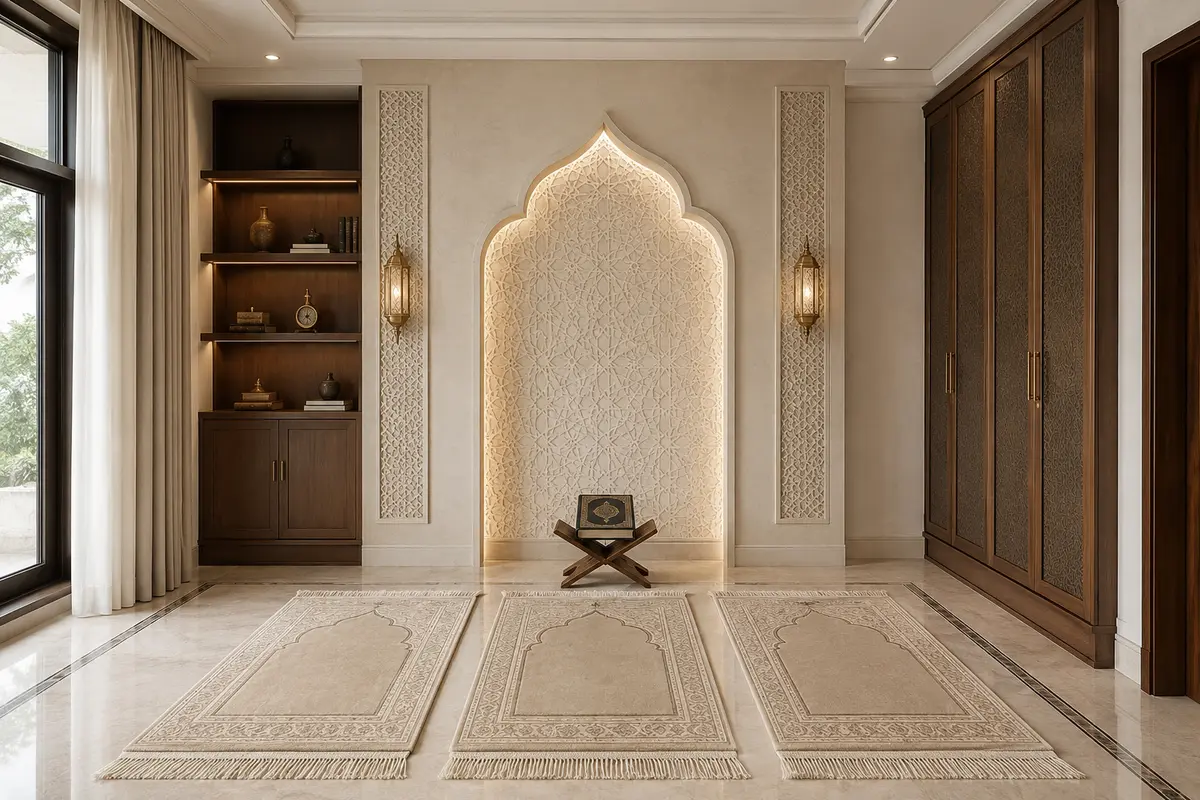 Islamic Prayer Space · Indian Classic Pooja / Prayer Room interior design model by SRM Design Studio