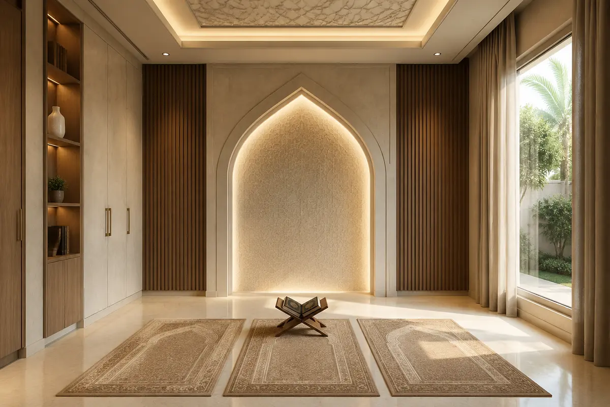 Islamic Prayer Space · Minimalistic Pooja / Prayer Room interior design model by SRM Design Studio